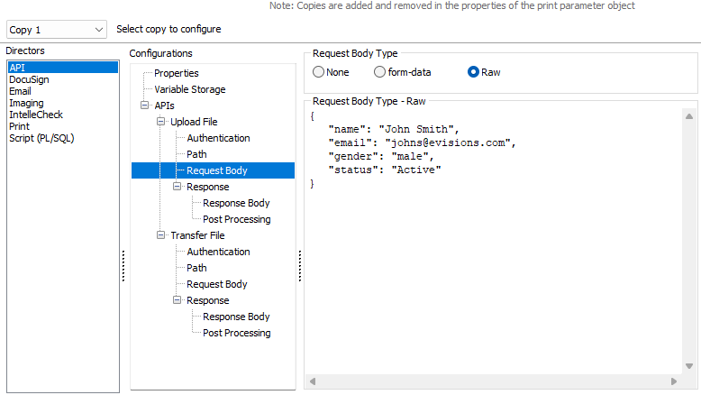 Here, the Raw data type has been selected, and a JSON formatted request has been added to the request body.